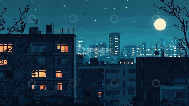 高清大图下载【趣麦麦图】夜景插画插画夜景月光