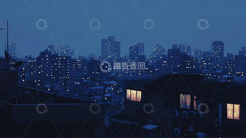 高清大图下载【趣麦麦图】夜景梅雨季夜景插画天台