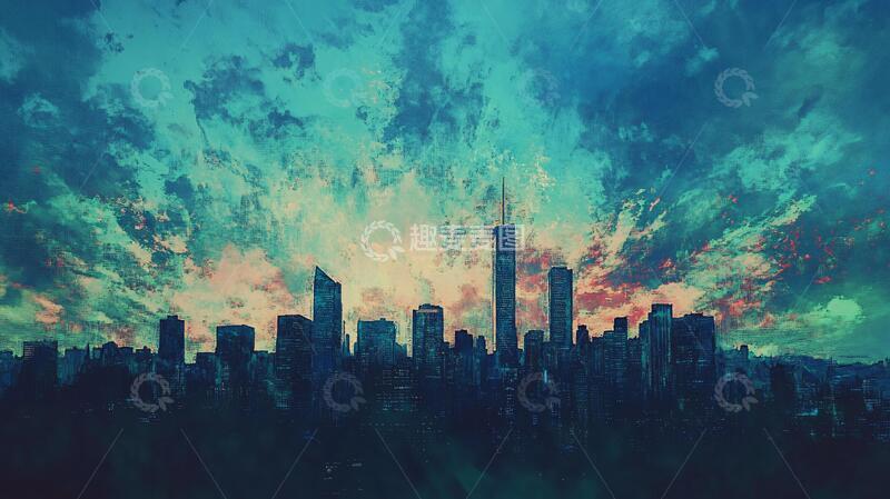 高清大图下载【趣麦麦图】城市红云晚霞插画染红