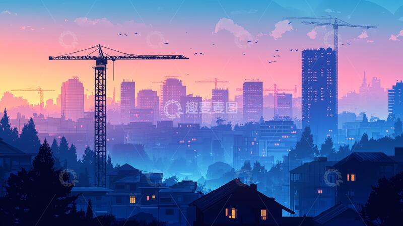 高清大图下载【趣麦麦图】日落建筑插画