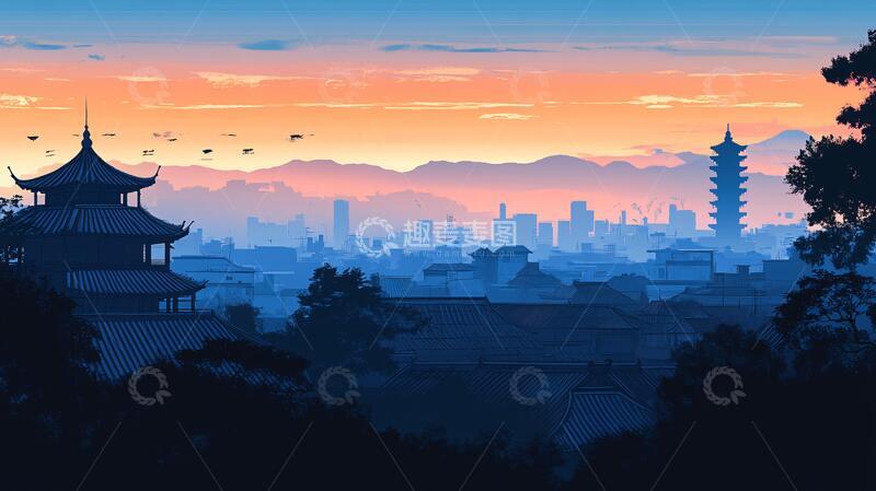 高清大图下载【趣麦麦图】黄鹤楼插画插画建筑城市