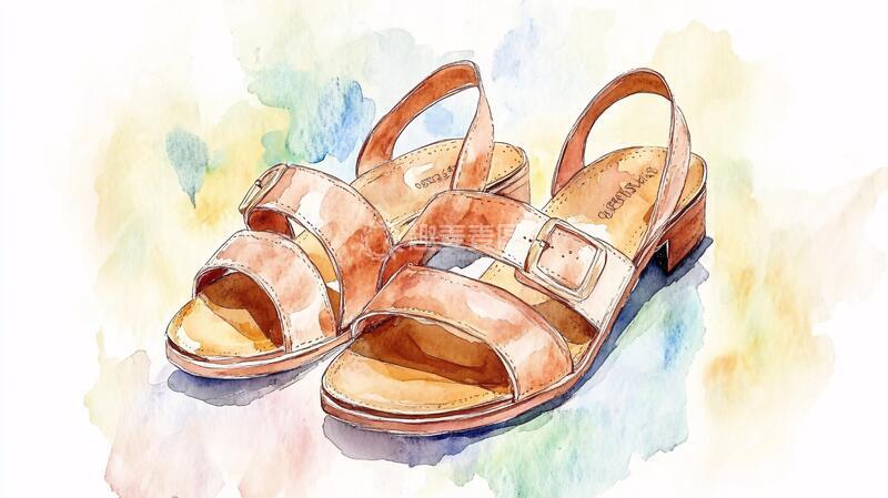 高清大图下载【趣麦麦图】拖鞋水彩画凉鞋插画女鞋
