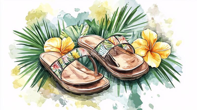 高清大图下载【趣麦麦图】拖鞋水彩画手绘插画拖鞋