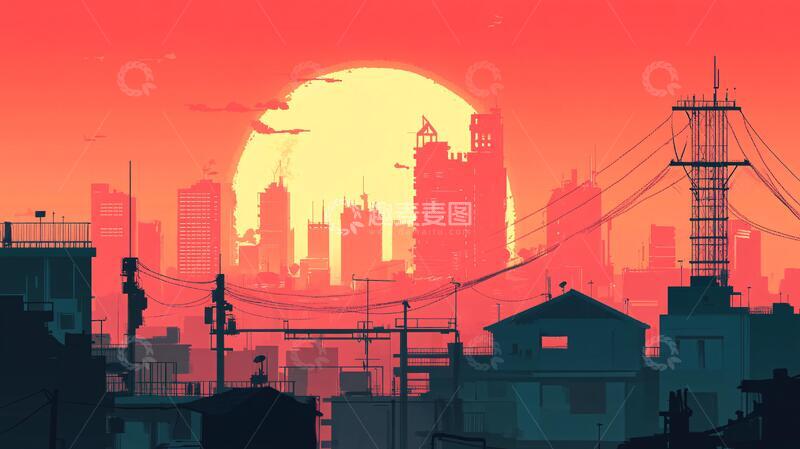 高清大图下载【趣麦麦图】日落城市插画9