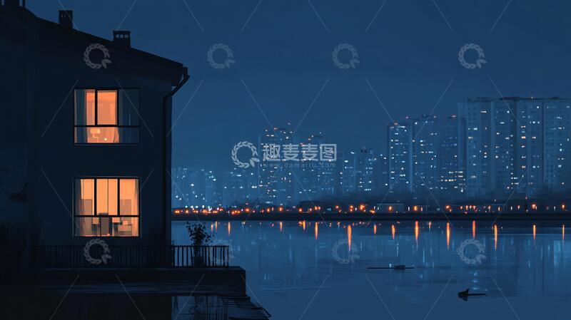 高清大图下载【趣麦麦图】江边别墅夜景