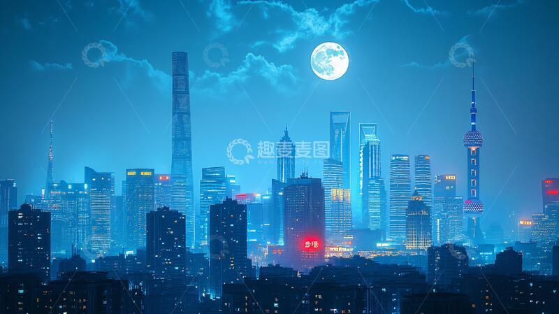 高清大图下载【趣麦麦图】陆家嘴圆月夜景