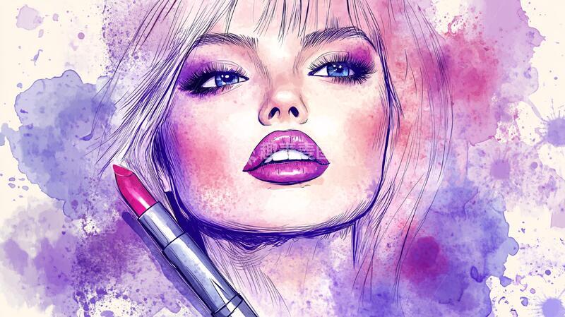 高清大图下载【趣麦麦图】涂口红插画插画美女手绘1