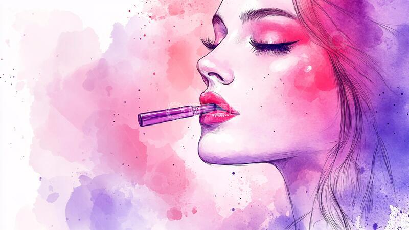 高清大图下载【趣麦麦图】涂口红插画插画美女手绘