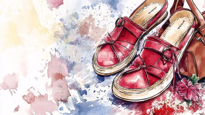 高清大图下载【趣麦麦图】拖鞋水彩画插画女鞋图案
