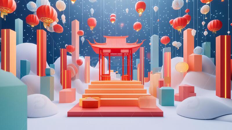 高清大图下载【趣麦麦图】元宵美陈立体场景红色