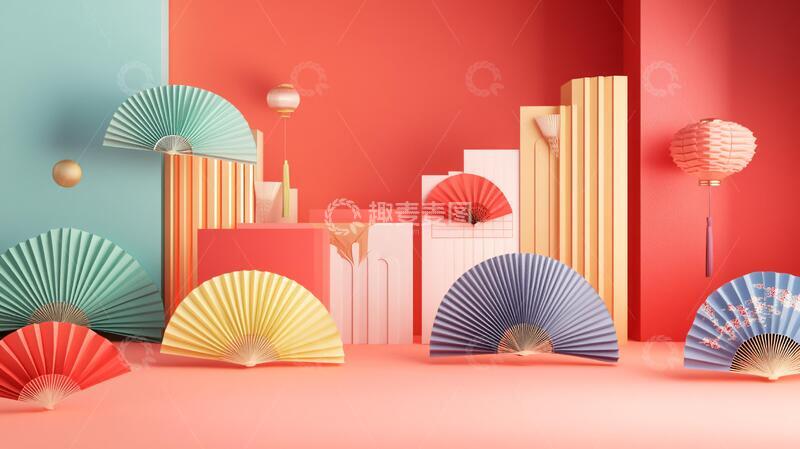 高清大图下载【趣麦麦图】折扇格栅插画