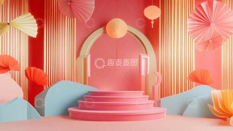 高清大图下载【趣麦麦图】剪纸风背景舞台背景插画