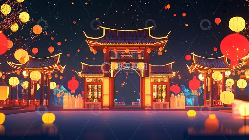 高清大图下载【趣麦麦图】花灯会插画灯会插画舞台