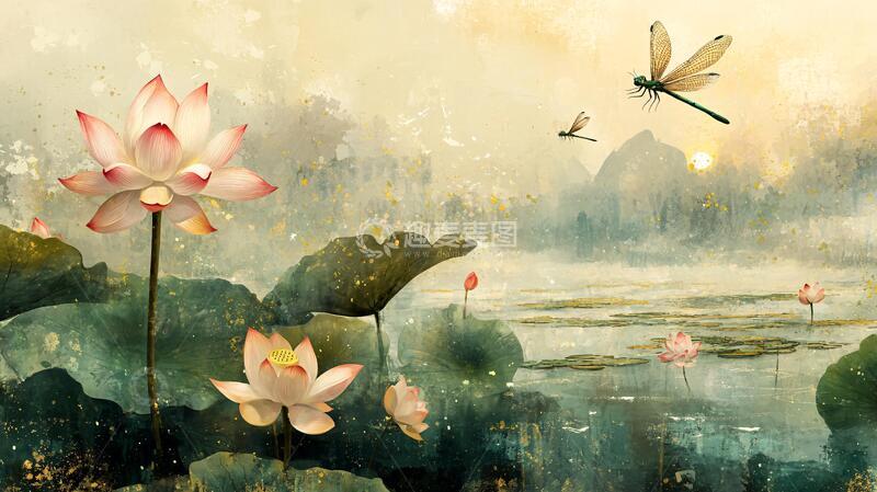 高清大图下载【趣麦麦图】意境风景画水彩荷花
