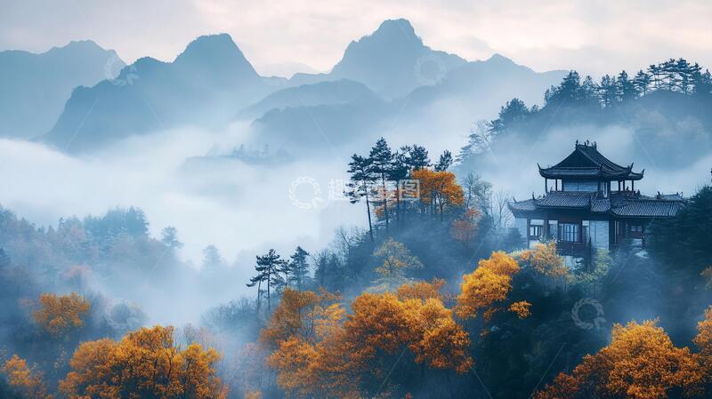 高清大图下载【趣麦麦图】云雾秋色晨雾金色