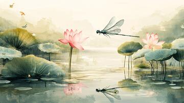 禅意蜻蜓戏水画
