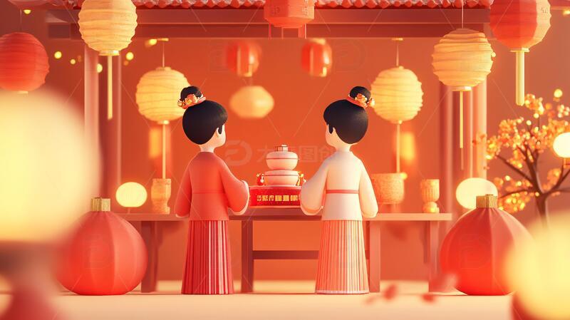 高清大图下载【趣麦麦图】新年情侣插画