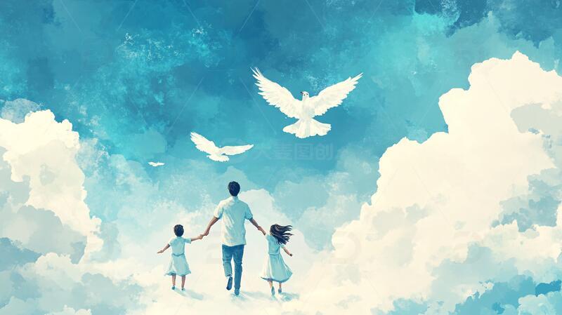 高清大图下载【趣麦麦图】父亲女儿手绘背景