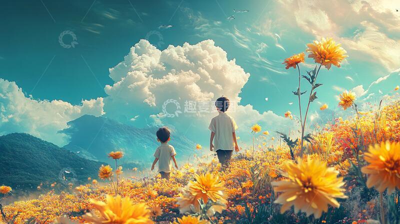 高清大图下载【趣麦麦图】向日葵中的男生背影