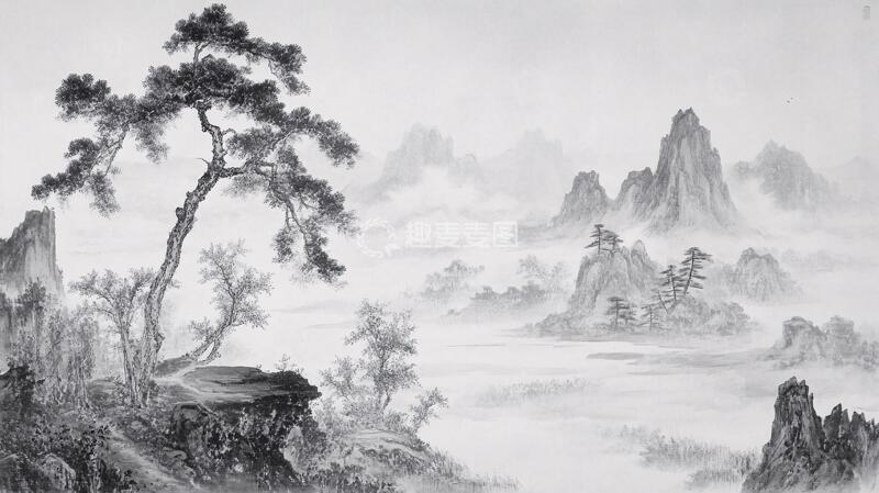 高清大图下载【趣麦麦图】水墨迎客松远山4