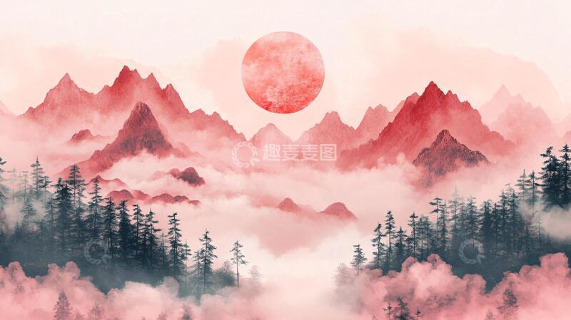 高清大图下载【趣麦麦图】红日水墨山水110
