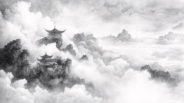 水墨城隍阁意境仙境手绘