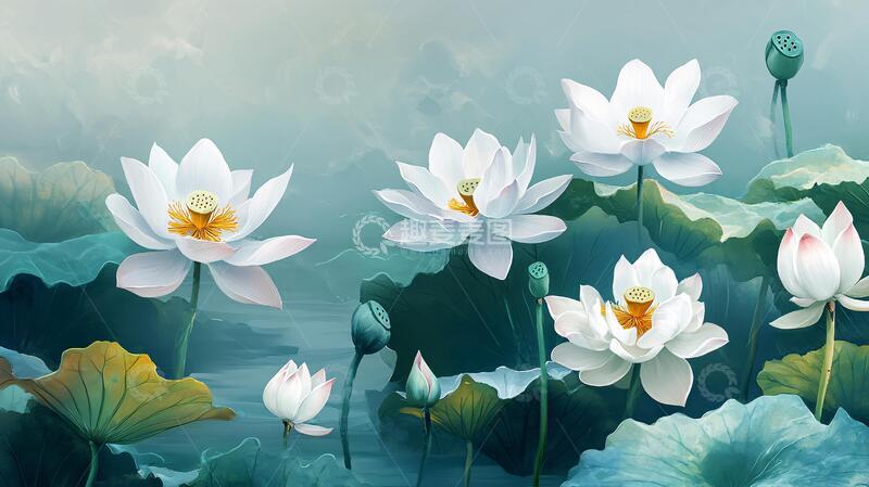 高清大图下载【趣麦麦图】荷花背景荷花壁画手绘