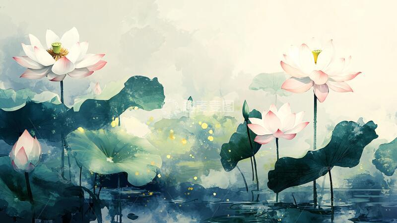 高清大图下载【趣麦麦图】意境风景画水彩荷花1