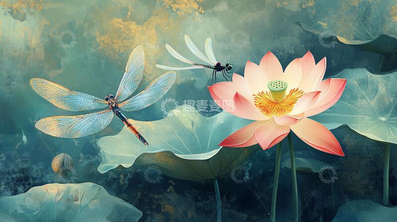 高清大图下载【趣麦麦图】蜻蜓荷花插画1