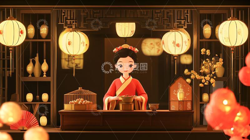 高清大图下载【趣麦麦图】宫女花灯插画花灯宫女