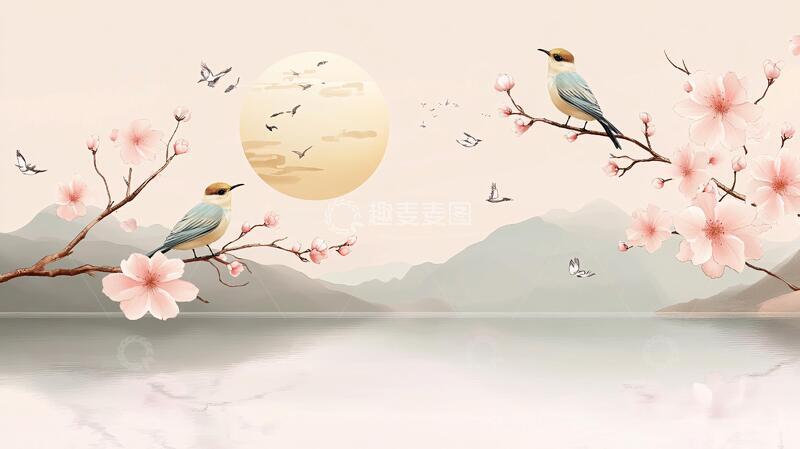 高清大图下载【趣麦麦图】新中式花鸟山水插画