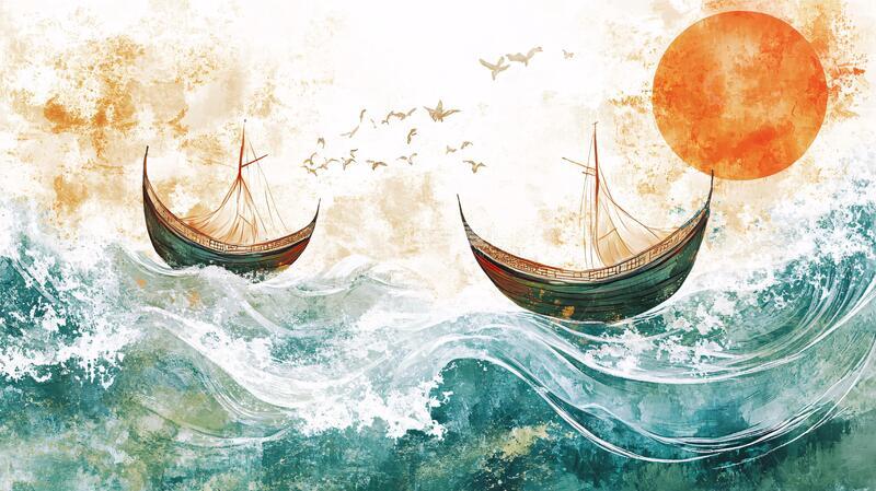 高清大图下载【趣麦麦图】海船插画插画海船红日