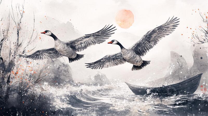 高清大图下载【趣麦麦图】鸿雁插画插画大雁仙鹤