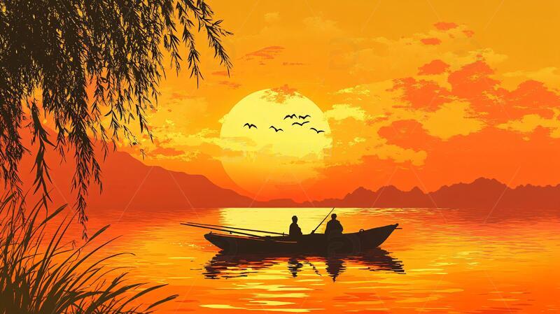 高清大图下载【趣麦麦图】夕阳下泛舟插画竹筏小船