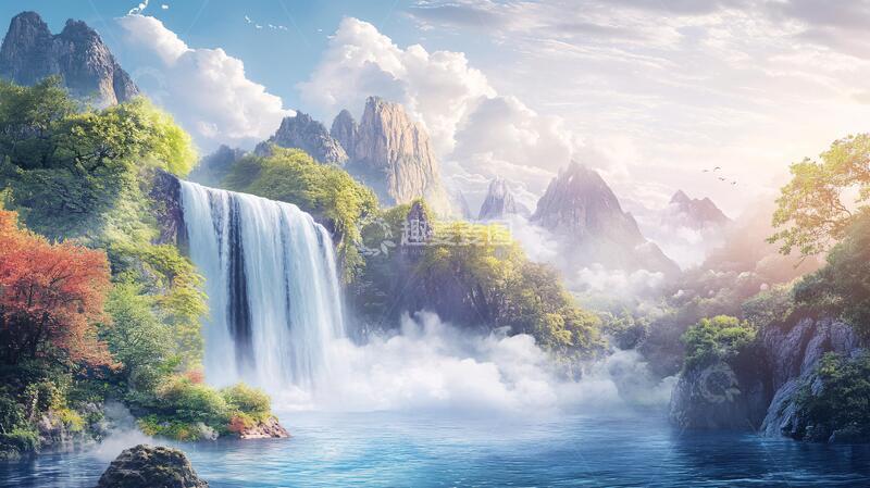 高清大图下载【趣麦麦图】高清瀑布背景墙壁纸3