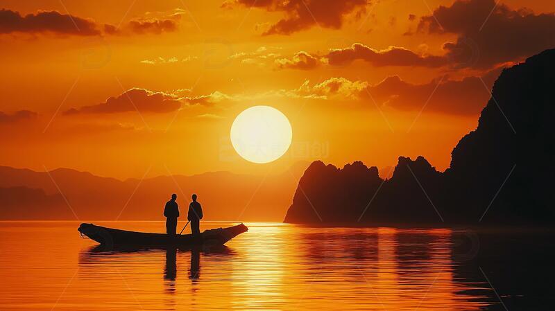 高清大图下载【趣麦麦图】夕阳下泛舟渔歌夫妻小船