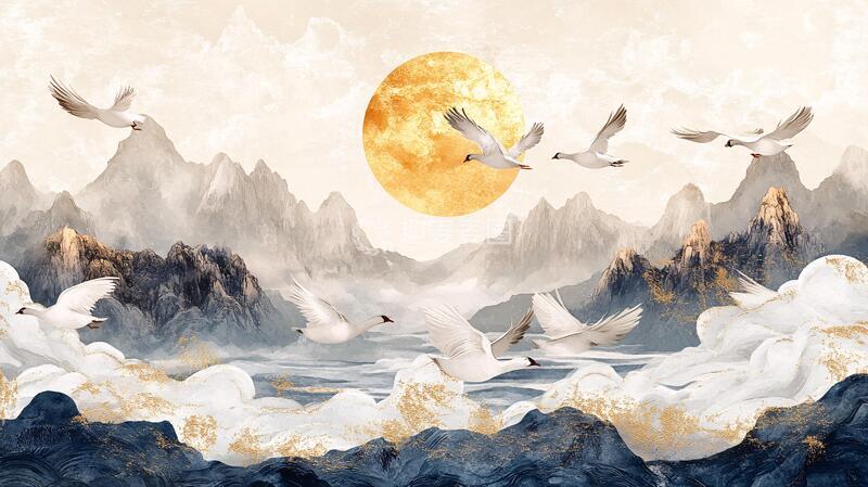 高清大图下载【趣麦麦图】仙鹤古风山水插画11