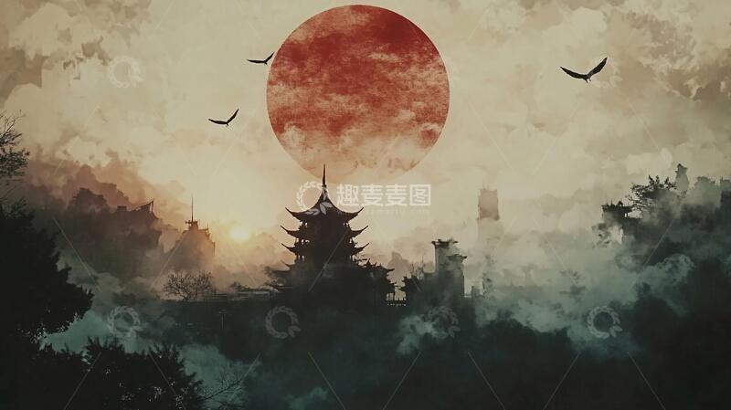 高清大图下载【趣麦麦图】插画红日插画红日水墨2