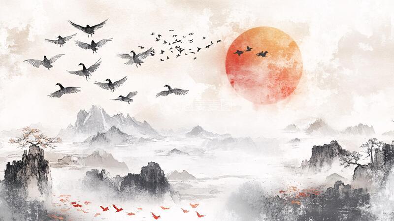 高清大图下载【趣麦麦图】仙境仙鹤水墨山水画