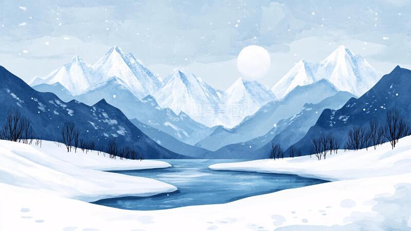 高清大图下载【趣麦麦图】冬日山川风景插画9