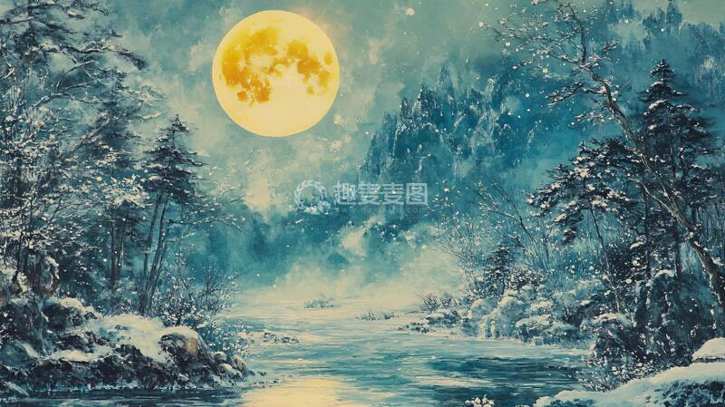 高清大图下载【趣麦麦图】手绘雪夜风景无框画7