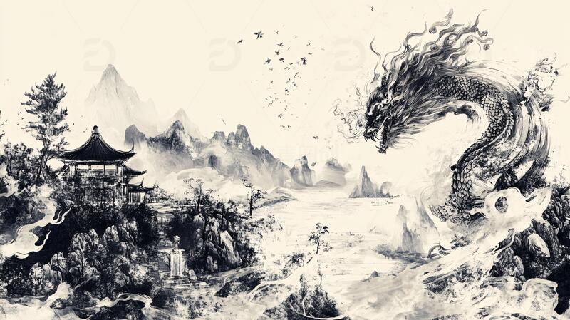 高清大图下载【趣麦麦图】古风龙插画插画古风水墨