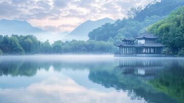 湘湖晨雾晨雾早晨山水