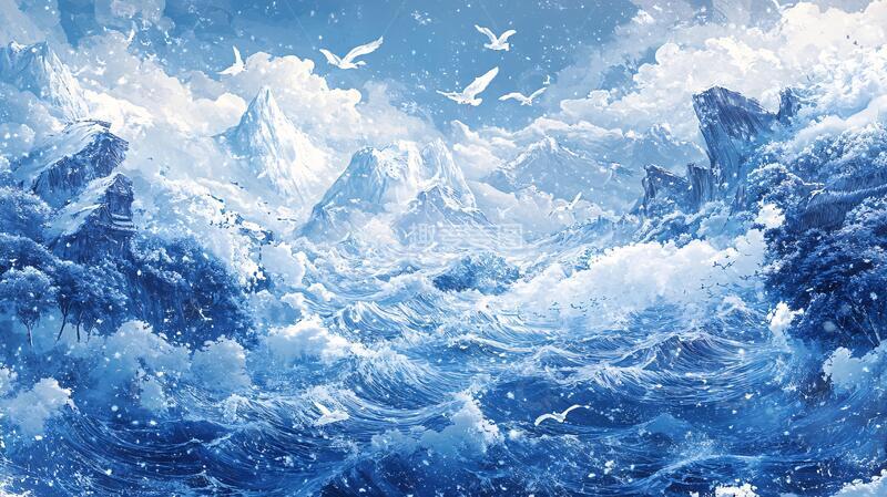 高清大图下载【趣麦麦图】插画海平面插画古风浪花