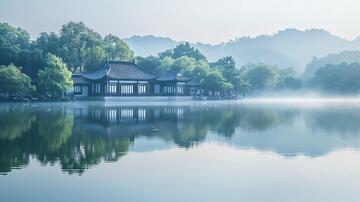 湘湖晨雾晨雾水榭晨曦