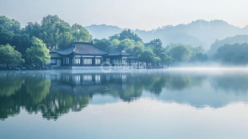 高清大图下载【趣麦麦图】湘湖晨雾晨雾水榭晨曦