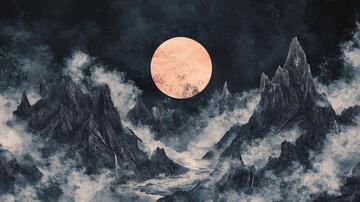 红月东升水墨月色红日