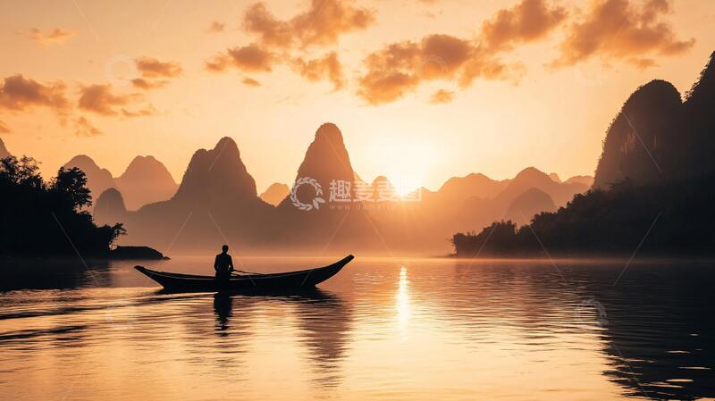 高清大图下载【趣麦麦图】渔翁漓江渔翁船工晨曲