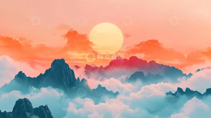 高清大图下载【趣麦麦图】红日水墨山水103