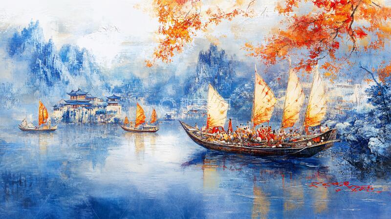 高清大图下载【趣麦麦图】水上船家山水画